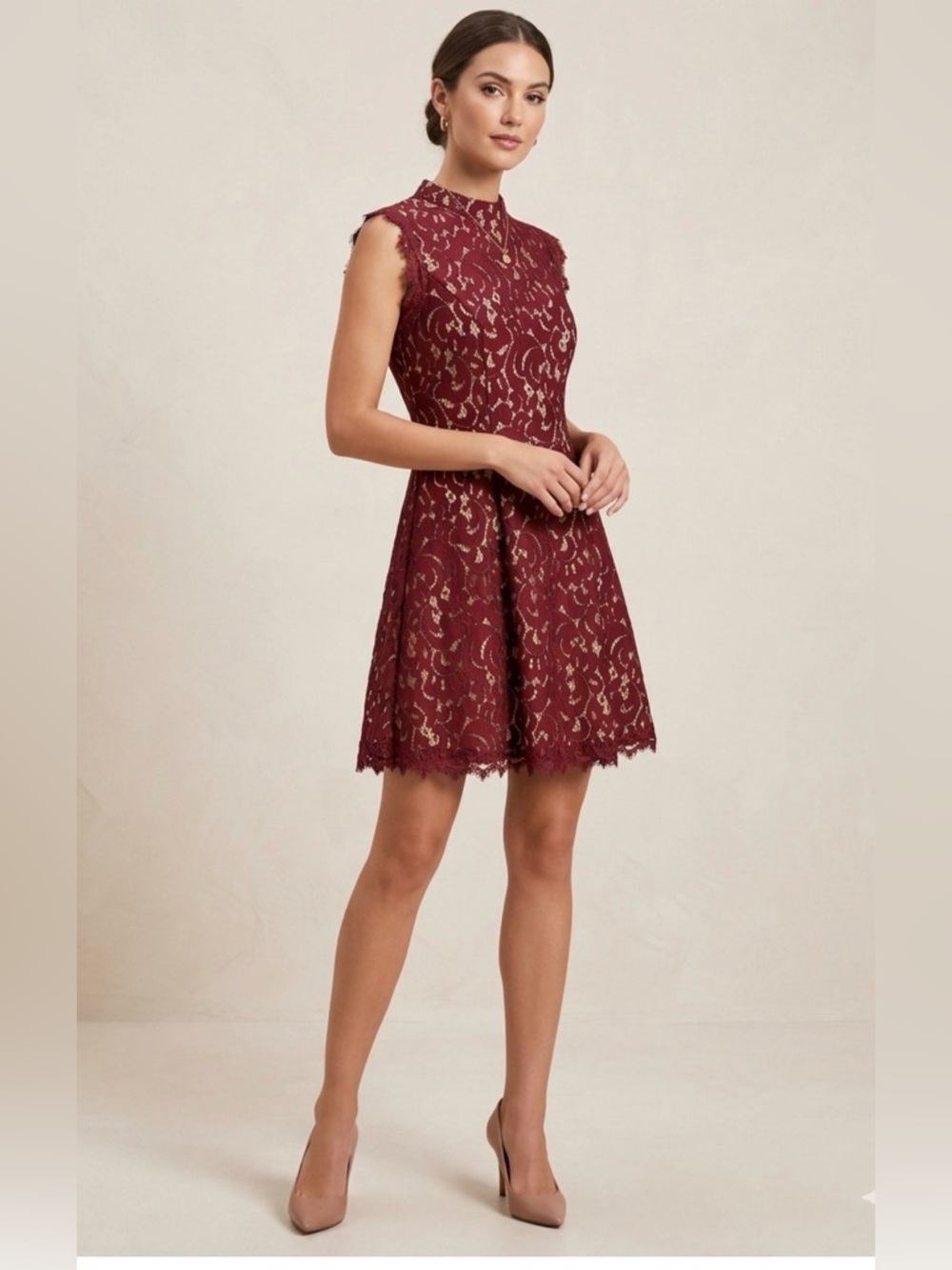 Francesca's Collections Alya Burgundy Lace Fit-and-Flare Mini Dress
